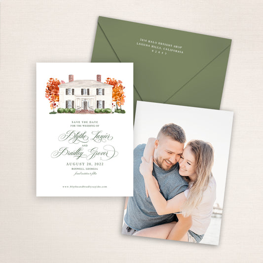 Custom watercolor Save the Date card featuring hand-painted venue illustration of Primrose Cottage in Roswell, Georgia, personalized wedding stationery with elegant venue artwork with matching envelope.