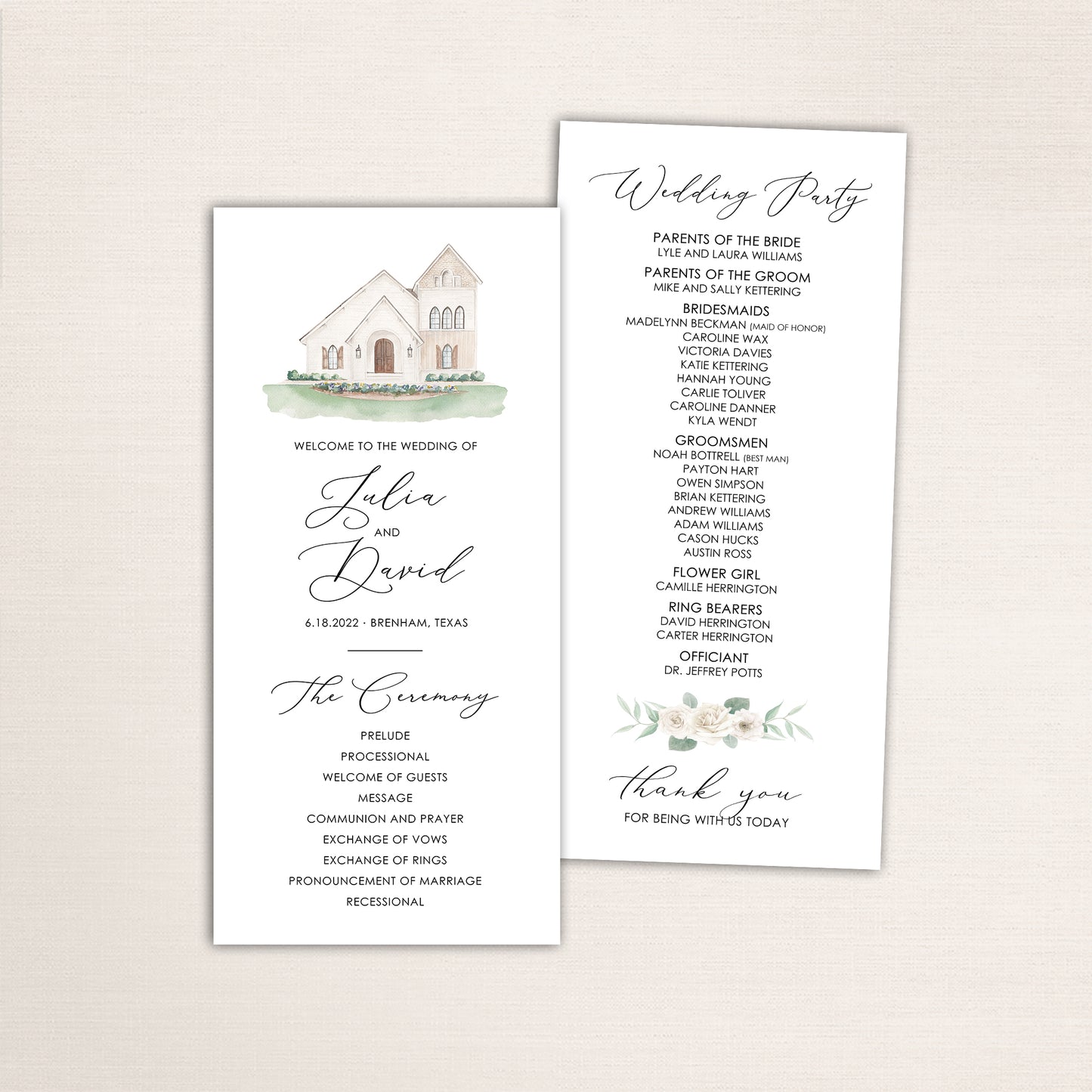 Slim wedding program cards with a watercolor of the ceremony venue — featuring the ceremony order on one side and the the wedding party list on the reverse.
