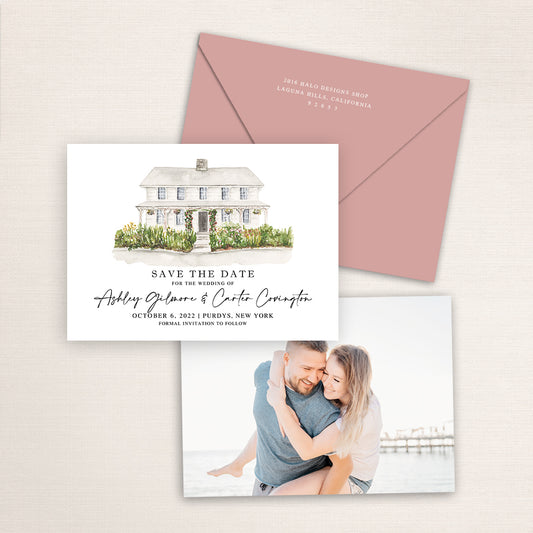 Custom watercolor Save the Date card featuring hand-painted venue illustration of Purdy's Farmer and the Fish in Purdys, New York, personalized wedding stationery with elegant venue artwork with matching envelope.