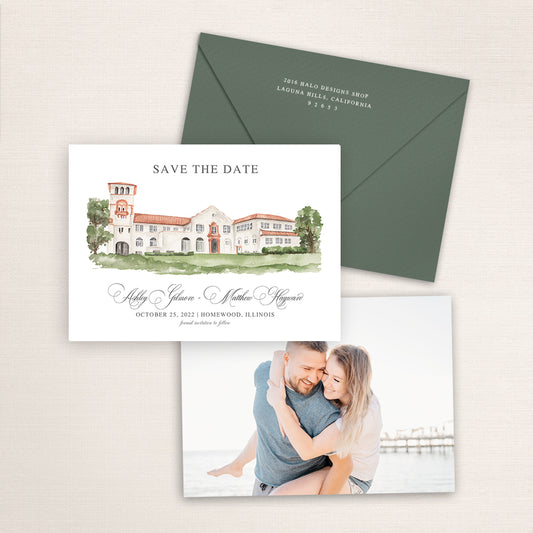 Custom watercolor Save the Date card featuring hand-painted venue illustration of Ravisloe Country Club in Homewood, Illinois, personalized wedding stationery with elegant venue artwork with matching envelope.