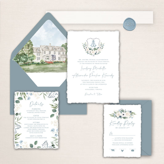 Wedding invitation suite with watercolor illustration of River Farm in Virginia, floral crest design, and coordinating dusty blue stationery pieces.