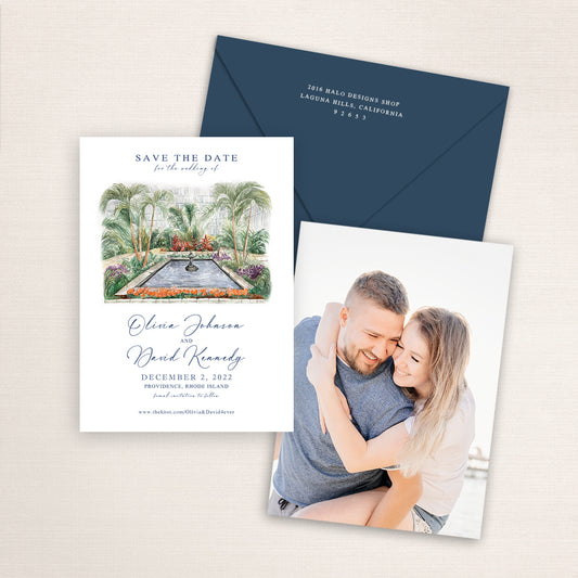 Custom watercolor Save the Date card featuring hand-painted venue illustration of Roger Williams Botanical Gardens in Providence, Rhode Island, personalized wedding stationery with elegant venue artwork with matching envelope.