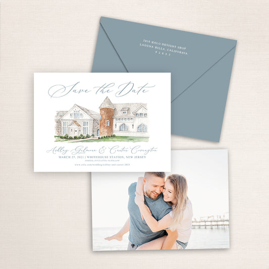 Custom watercolor Save the Date card featuring hand-painted venue illustration of Ryland Inn in Whitehouse Station, New Jersey, personalized wedding stationery with elegant venue artwork with matching envelope.