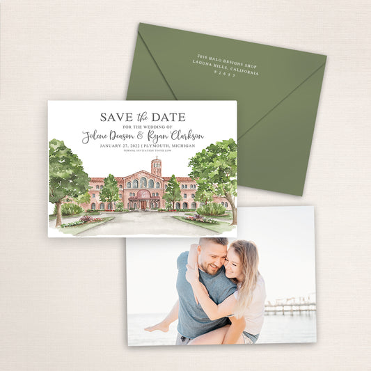 Custom watercolor Save the Date card featuring hand-painted venue illustration of Saint Johns Resort in Plymouth, Michigan, personalized wedding stationery with elegant venue artwork with matching envelope.