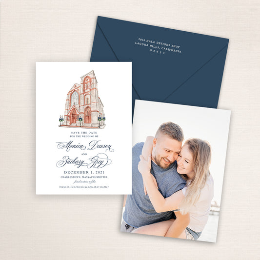 Custom watercolor Save the Date card featuring hand-painted venue illustration of Saint Mary's Church in Charlestown, Massachusetts, personalized wedding stationery with elegant venue artwork with matching envelope.