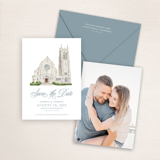 Custom watercolor Save the Date card featuring hand-painted venue illustration of St. Theresa of Avila in Boston, Massachusetts, personalized wedding stationery with elegant venue artwork with matching envelope.