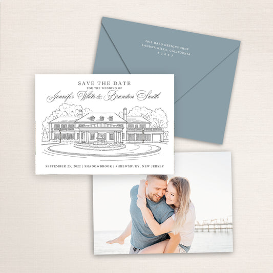 Shadowbrook at Shrewsbury wedding save the date with refined architectural line illustration of the historic estate in Shrewsbury, New Jersey, coordinating blue envelope, elegant script typography, and engagement photo printed on the back.