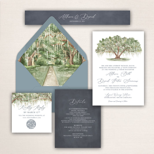 Wedding invitation suite with watercolor southern Spanish Moss covered oak tree design with matching liner and stationery pieces.