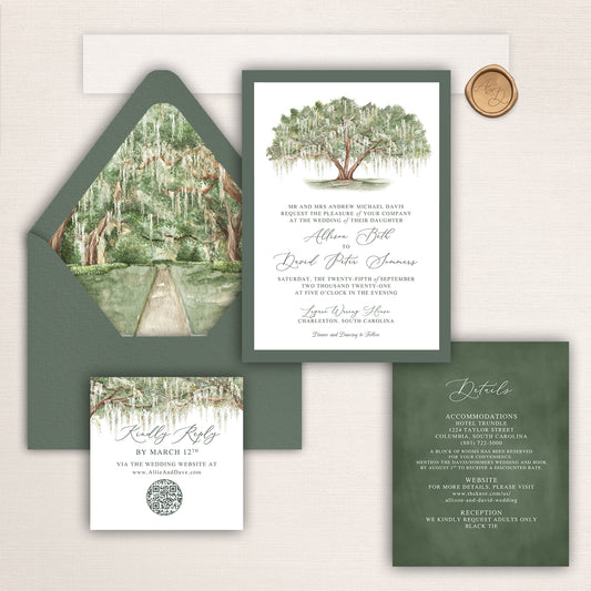 Wedding invitation suite with watercolor southern oak tree design, oak canopy envelope liner, and matching stationery pieces.