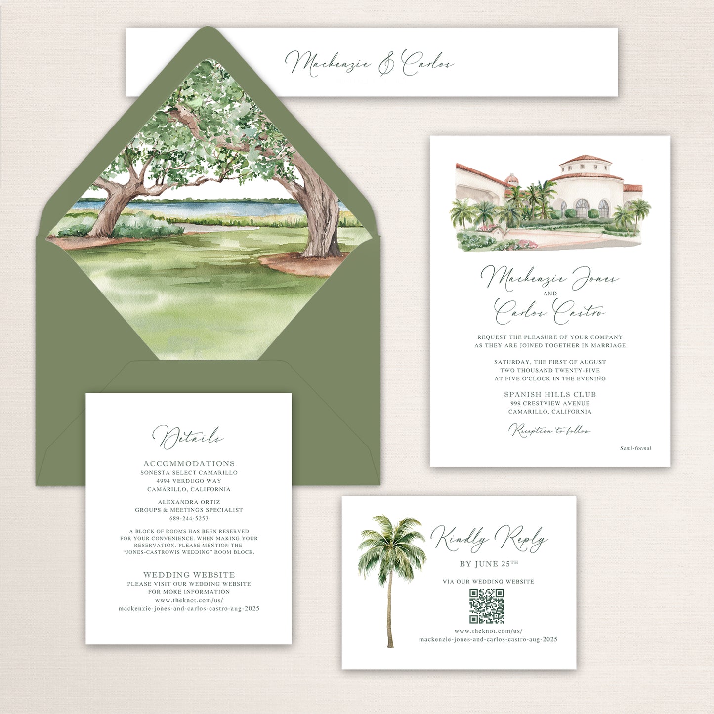 Spanish Hills Club wedding invitation suite with watercolor venue artwork, palm tree RSVP card, greenery-lined envelope, and matching details insert.