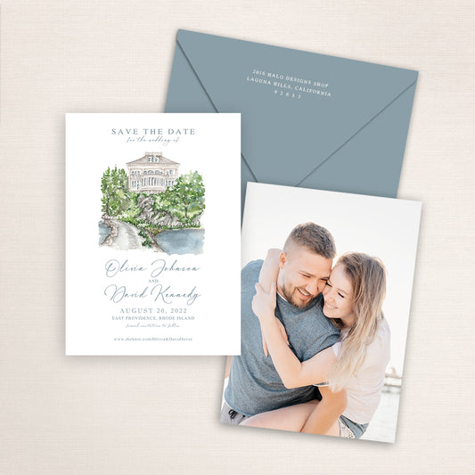 Custom watercolor Save the Date card featuring hand-painted venue illustration of Squantum Association in East Providence, Rhode Island, personalized wedding stationery with elegant venue artwork with matching envelope.