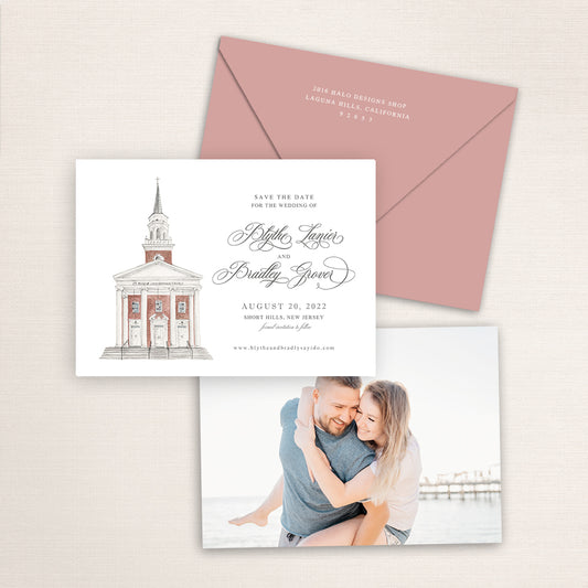 Custom watercolor Save the Date card featuring hand-painted venue illustration of St. Rose of Lima in Short Hills, New Jersey, personalized wedding stationery with elegant venue artwork with matching envelope.