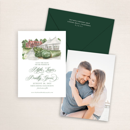 Custom watercolor Save the Date card featuring hand-painted venue illustration of Stevens Estate in North Andover, Massachusetts, personalized wedding stationery with elegant venue artwork with matching envelope.