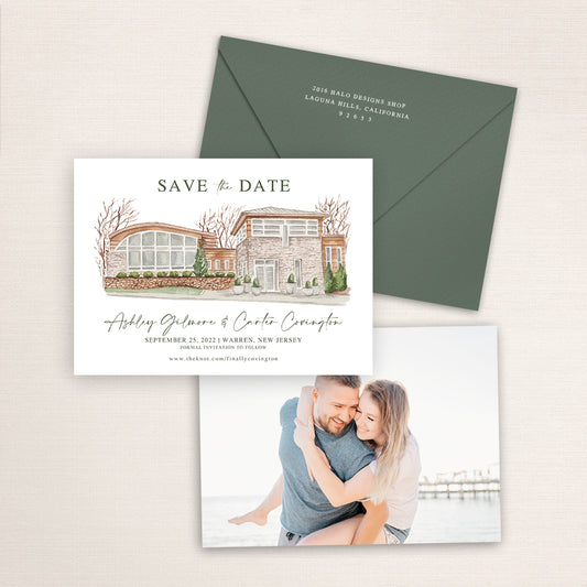 Custom watercolor Save the Date card featuring hand-painted venue illustration of Stone House at Stirling Ridge in Warren, New Jersey, personalized wedding stationery with elegant venue artwork with matching envelope.