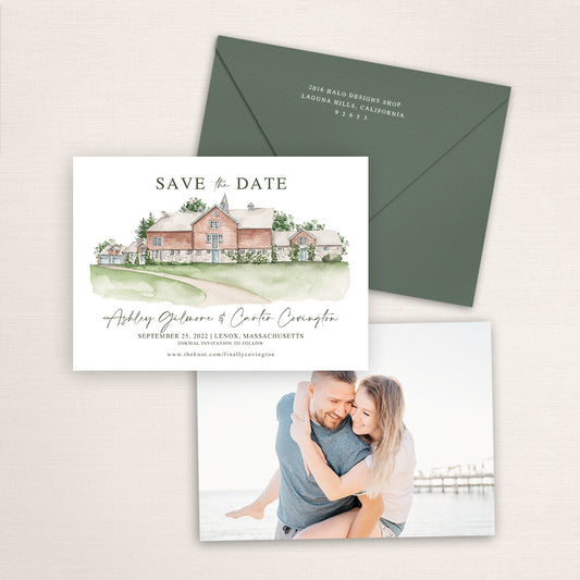 Custom watercolor Save the Date card featuring hand-painted venue illustration of Stonover Farm in Lenox, Massachusetts, personalized wedding stationery with elegant venue artwork with matching envelope.