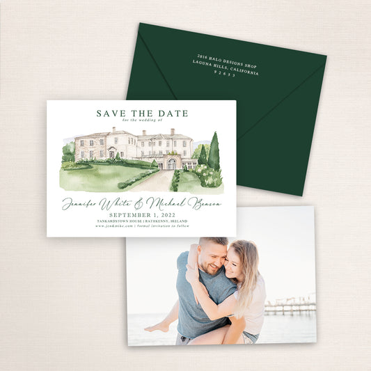 Custom watercolor Save the Date card featuring hand-painted venue illustration of Tankardstown House in Rathkenny, Ireland, personalized wedding stationery with elegant venue artwork with matching envelope.