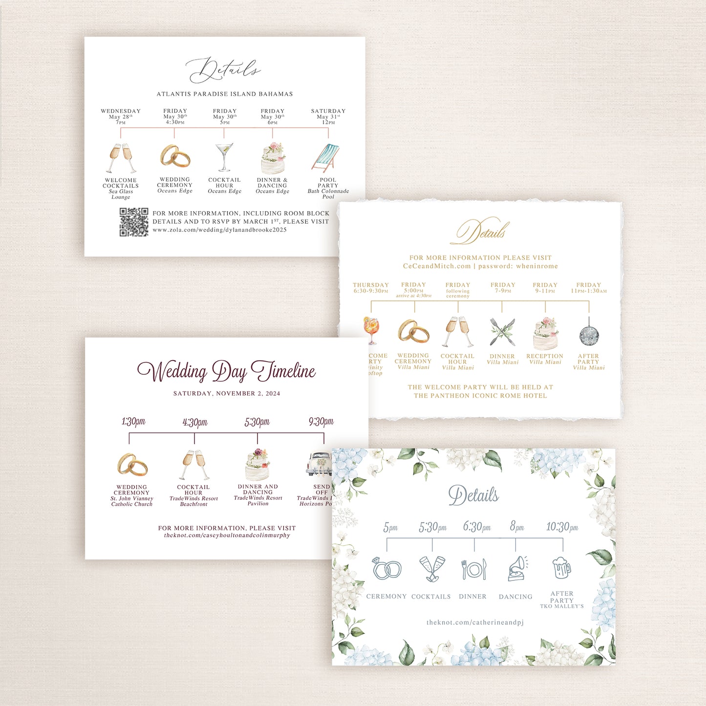 Wedding invitation timeline cards featuring custom designs that display the ceremony, cocktail hour, dinner, dancing, and reception schedule.