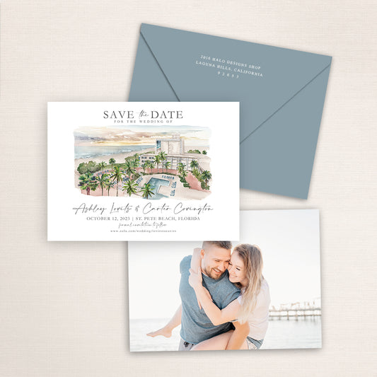 Custom watercolor Save the Date card featuring hand-painted venue illustration of TradeWinds Island Grand Resort in St Pete Beach, Florida, personalized wedding stationery with elegant venue artwork with matching envelope.