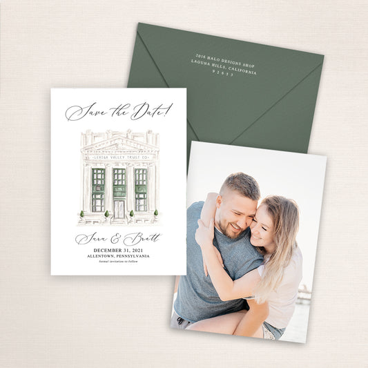Custom watercolor Save the Date card featuring hand-painted venue illustration of Vault 634 in Allentown, Pennsylvania, personalized wedding stationery with elegant venue artwork with matching envelope.