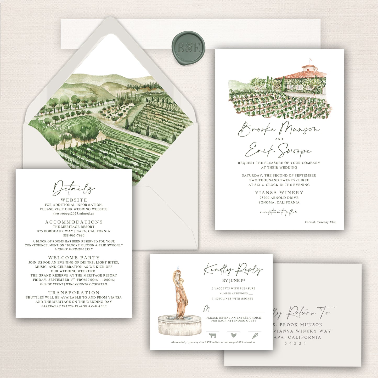 Viansa Winery wedding invitation suite with watercolor vineyard artwork, Tuscan villa illustration, vineyard envelope liner, and coordinated RSVP and details cards