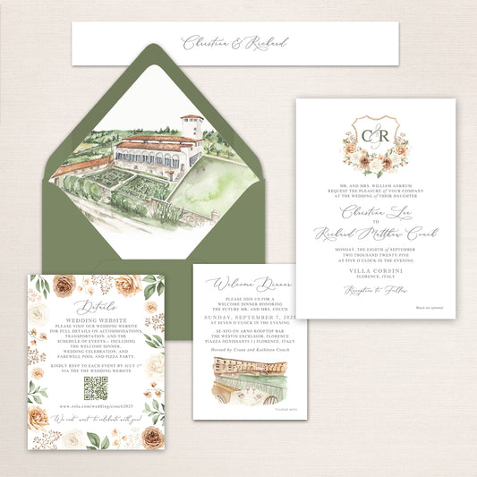 Wedding invitation suite with watercolor illustration of Villa Corsini a Mezzomonte in Florence, terracotta florals, and coordinating stationery.