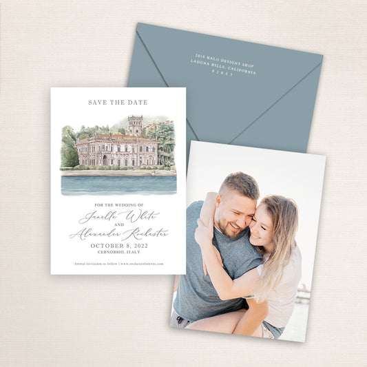 Custom watercolor Save the Date card featuring hand-painted venue illustration of Villa Erba in Cernobbio, Italy, personalized wedding stationery with elegant venue artwork with matching envelope.