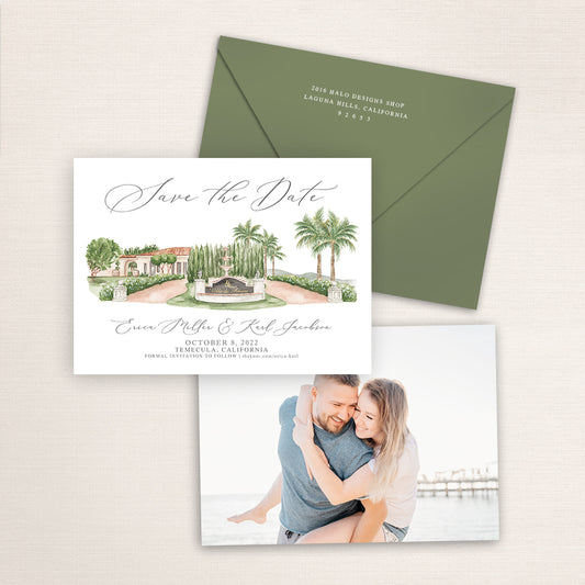 Custom watercolor Save the Date card featuring hand-painted venue illustration of Villa de Amore in Temecula, California, personalized wedding stationery with elegant venue artwork with matching envelope.