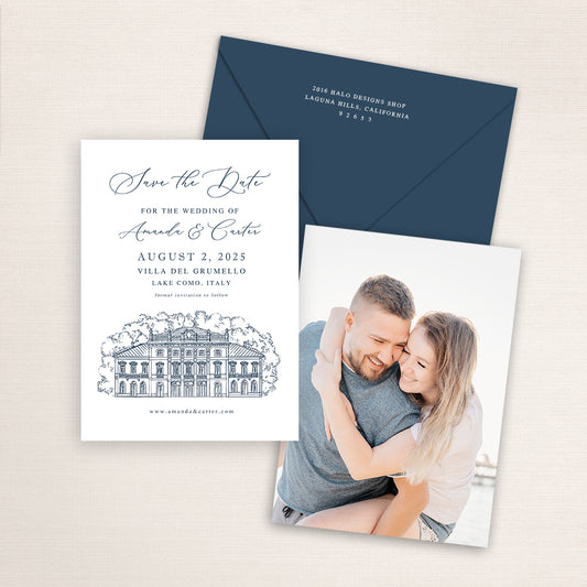 Villa del Grumello Lake Como wedding save the date with refined navy line illustration of the Italian villa, elegant calligraphy typography, a navy envelope, and an engagement photo of the couple printed on the back of the card.