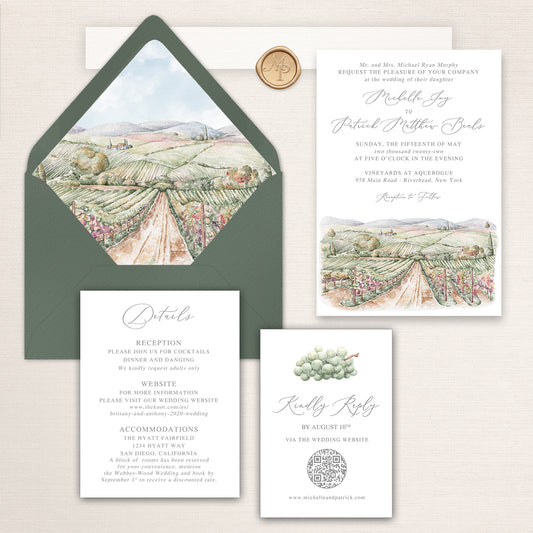 Vineyard wedding invitation suite with a detailed vineyard watercolor painting, vineyard envelope liner, QR RSVP card, and matching detail insert.