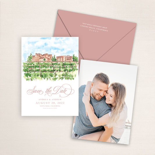 Custom watercolor Save the Date card featuring hand-painted venue illustration of Vintners Resort in Santa Rosa, California, personalized wedding stationery with elegant venue artwork with matching envelope.