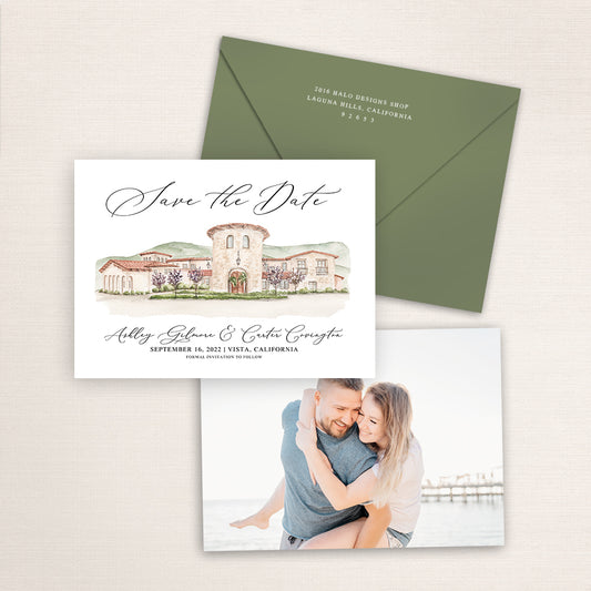 Custom watercolor Save the Date card featuring hand-painted venue illustration of Vista Valley Country Club in Vista, California, personalized wedding stationery with elegant venue Artwork with matching envelope.