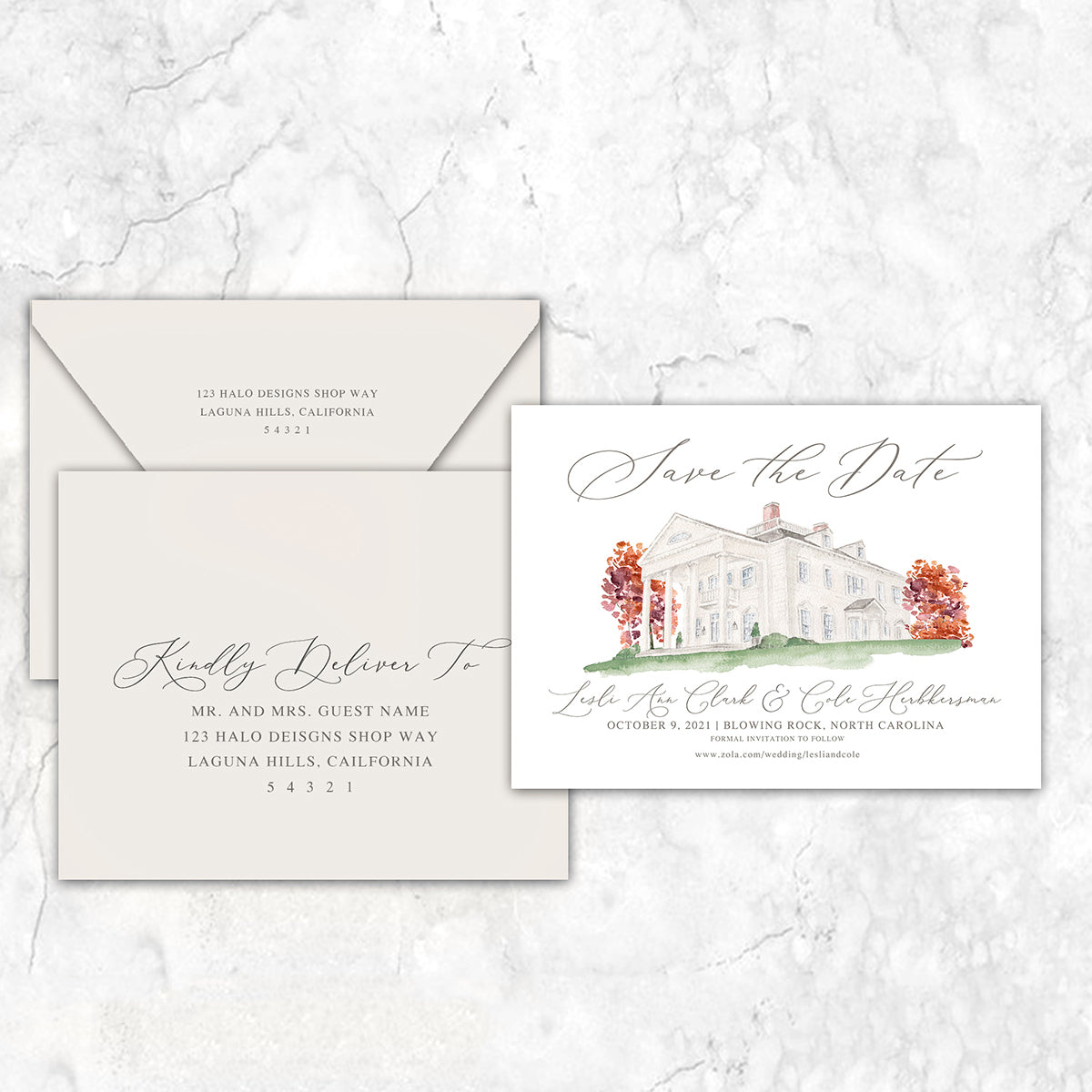Custom watercolor Save the Date card featuring hand-painted venue illustration of Westglow Resort in Blowing Rock North Carolina personalized wedding stationery with elegant venue artwork with matching envelopes.