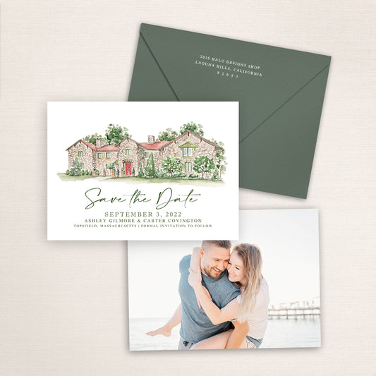 Custom watercolor Save the Date card featuring hand-painted venue illustration of Willowdale Estate in Topsfield, Massachusetts. Personalized wedding stationery with elegant venue artwork and matching envelopes.