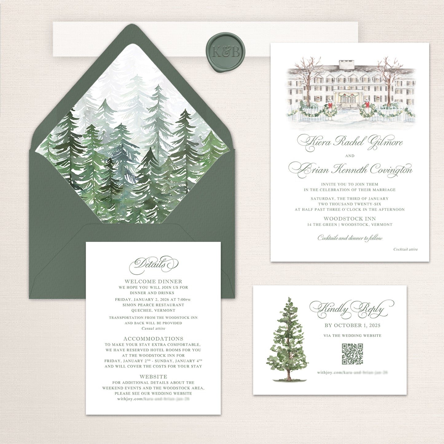 Woodstock Inn winter wedding invitation suite with hand-painted inn illustration, pine tree envelope liner, RSVP card, and details card in green and white.