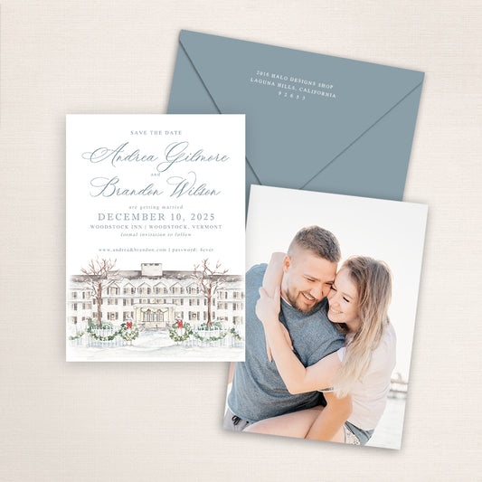 Winter wedding save the date cards featuring a hand-painted venue watercolor of the Woodstock Inn with an engagement photo on the back and matching envelopes.