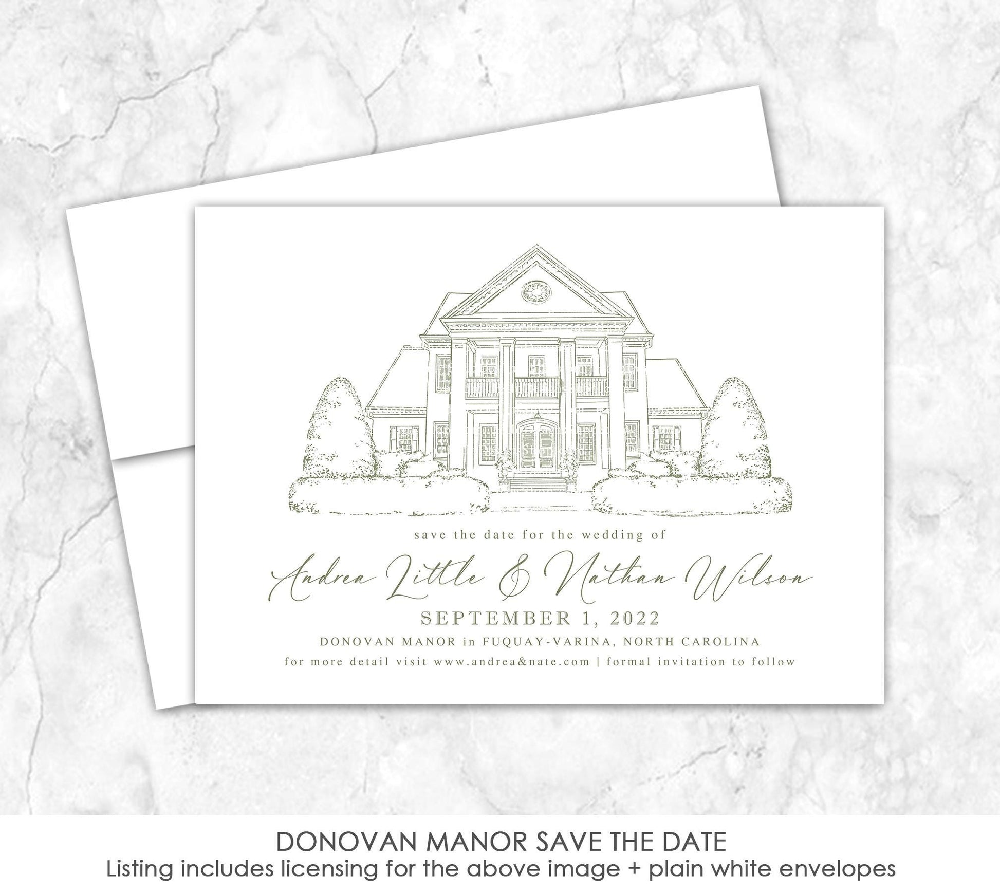 Custom Sketch Save the Date card featuring hand-drawn illustration of Donovan Manor in Fuquay-Varina, North Carolina, personalized wedding stationery with elegant venue artwork.