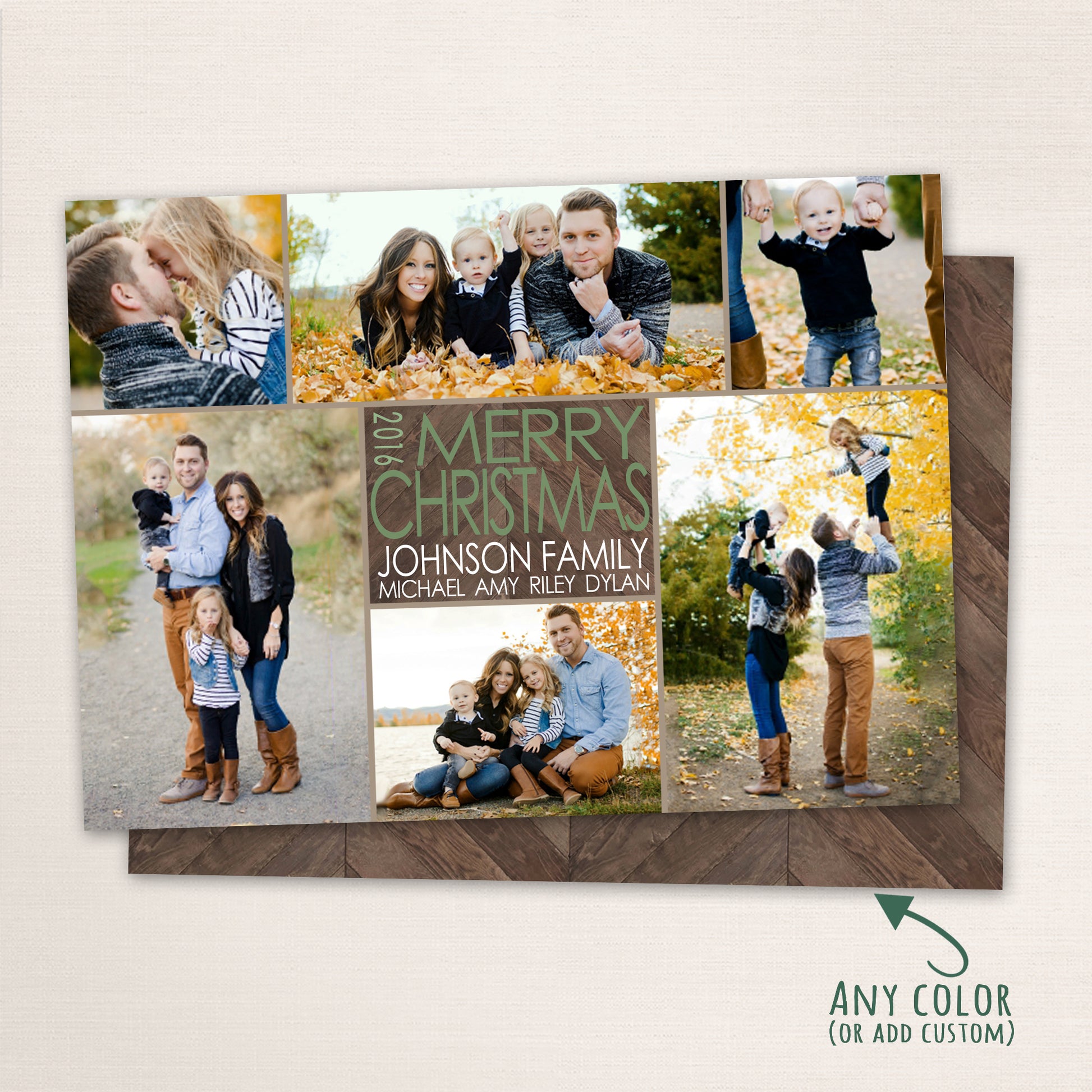 Merry Christmas photo card with openings for 6 family photos and features a dark wood chevron patterned background.