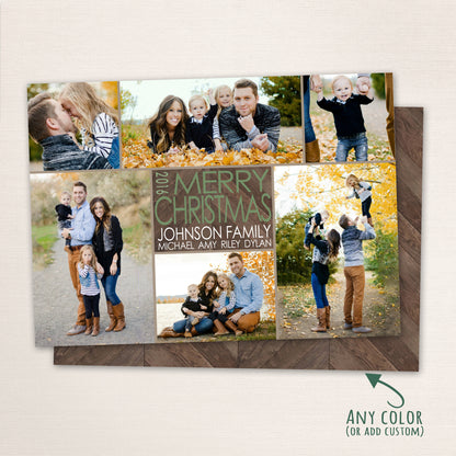 Merry Christmas photo card with openings for 6 family photos and features a dark wood chevron patterned background.