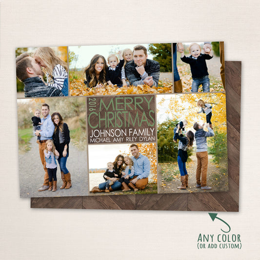Merry Christmas photo card with openings for 6 family photos and features a dark wood chevron patterned background.