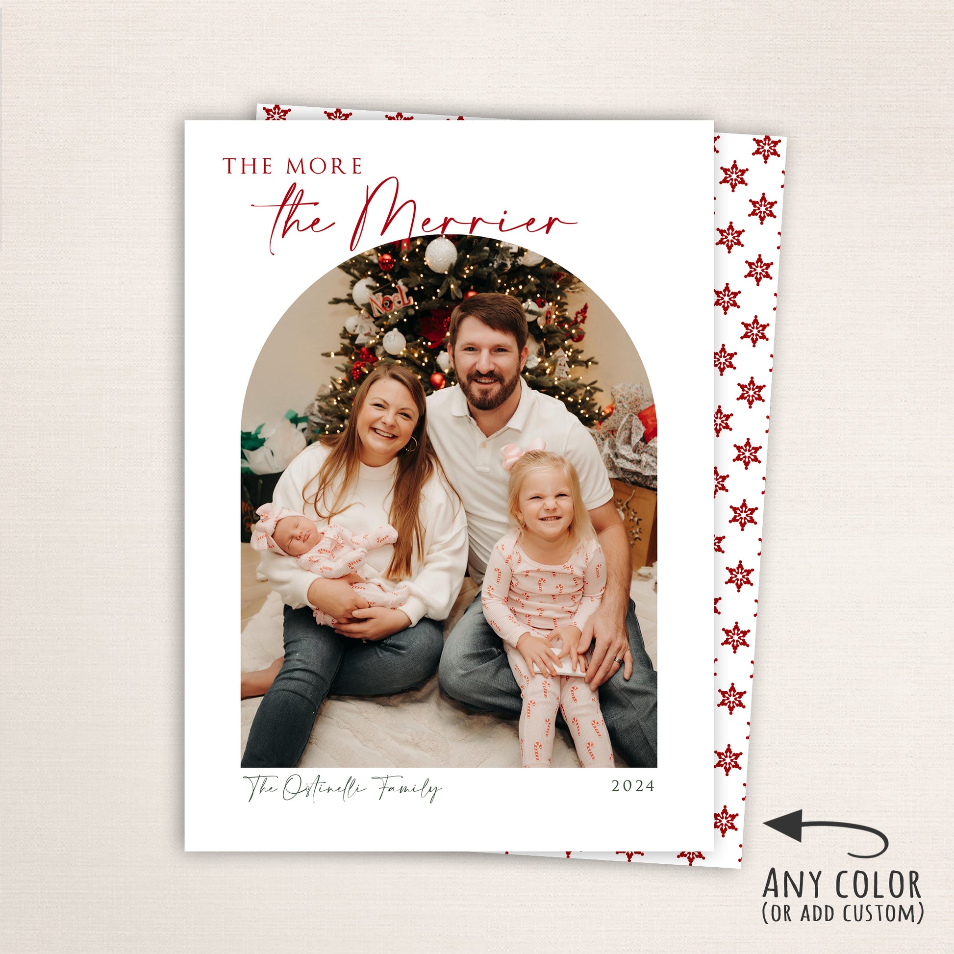Personalized holiday card featuring a family photo under the heading “The More the Merrier,” with customizable colors, text, and year, and a red snowflake pattern back.