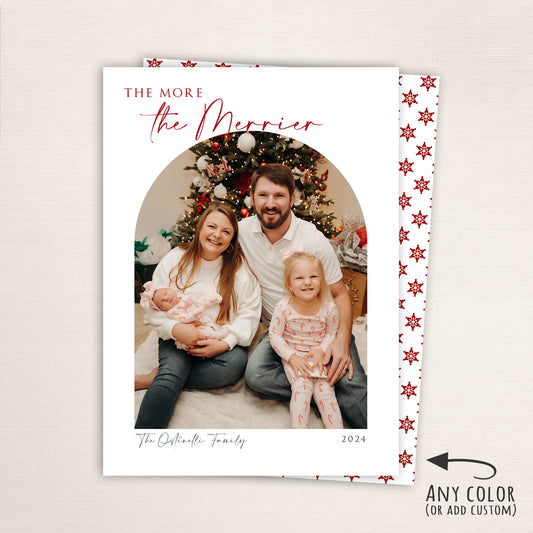 Personalized holiday card featuring a family photo under the heading “The More the Merrier,” with customizable colors, text, and year, and a red snowflake pattern back.
