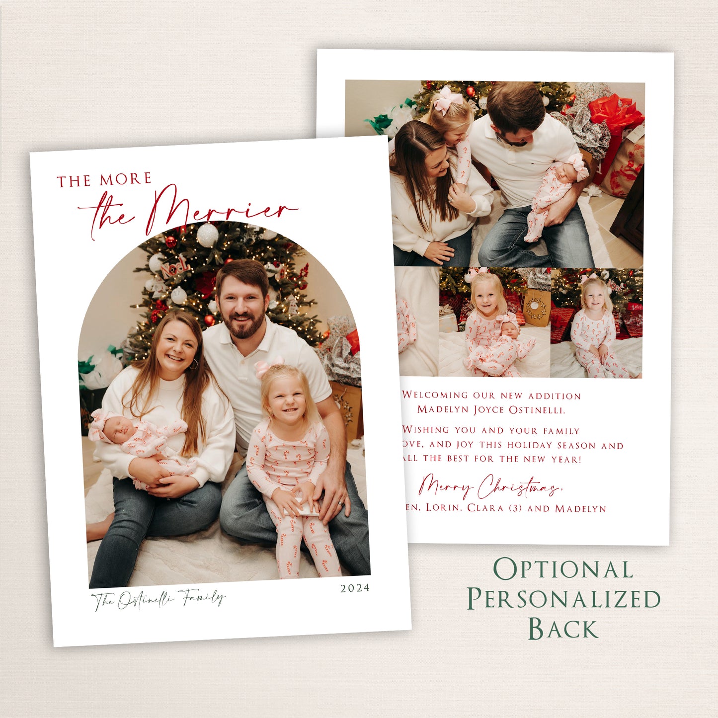Personalized Christmas card featuring an arch family photo under the heading “The More the Merrier,” with customizable colors, text, and year, and a personalized back with a family update and additional photos.