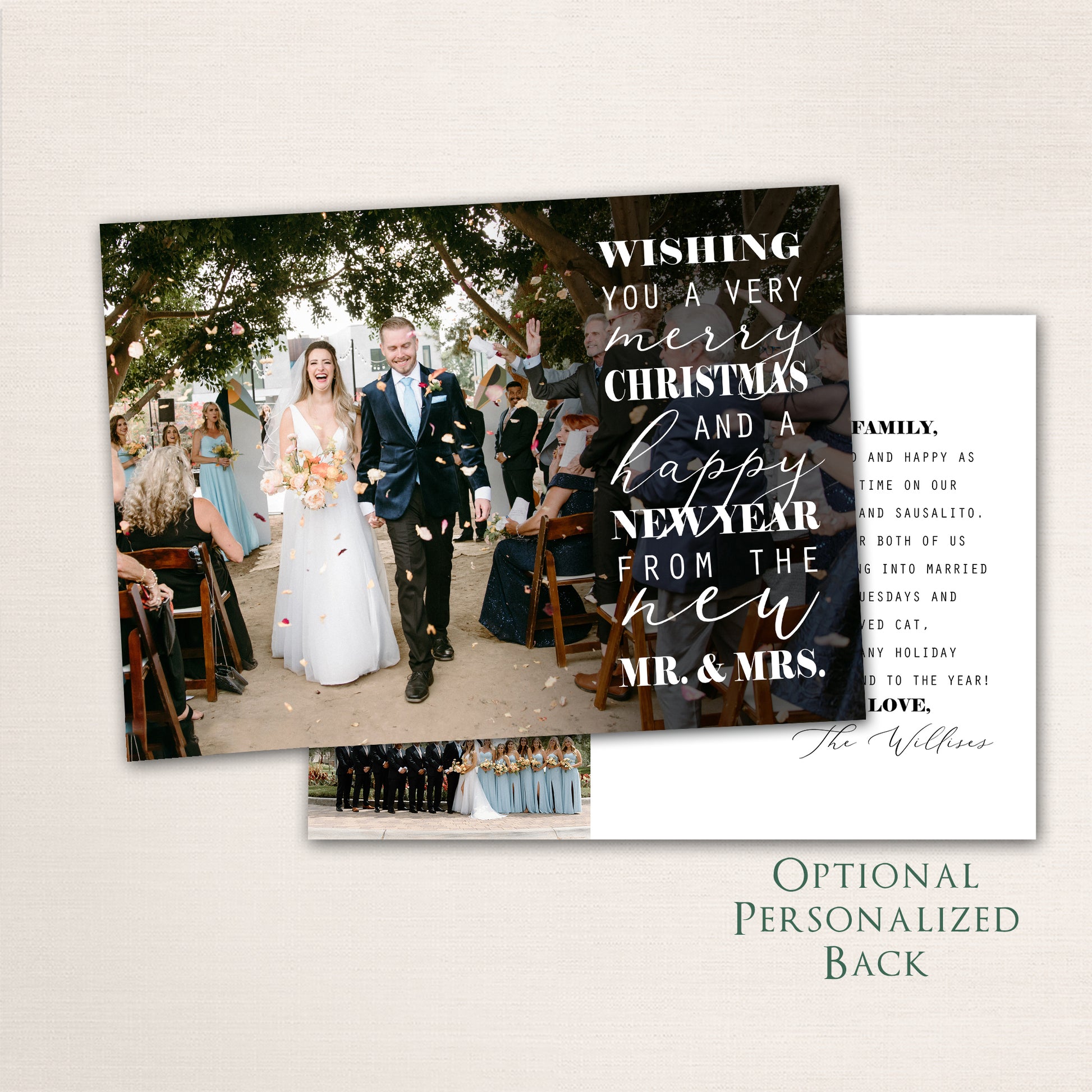 Bride and groom walking down the aisle surrounded by guests, with “Wishing You a Very Merry Christmas and a Happy New Year from the New Mr. & Mrs.” in white modern script overlay and a life update with additional photos on the back.
