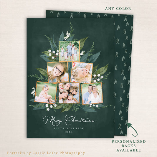 “Merry Christmas” 6 photo tree card from Halo Design Shop featuring a Christmas tree design made from layered family photos surrounded by watercolor greenery and white berries on a deep green background. Includes customizable colors and personalized backs.