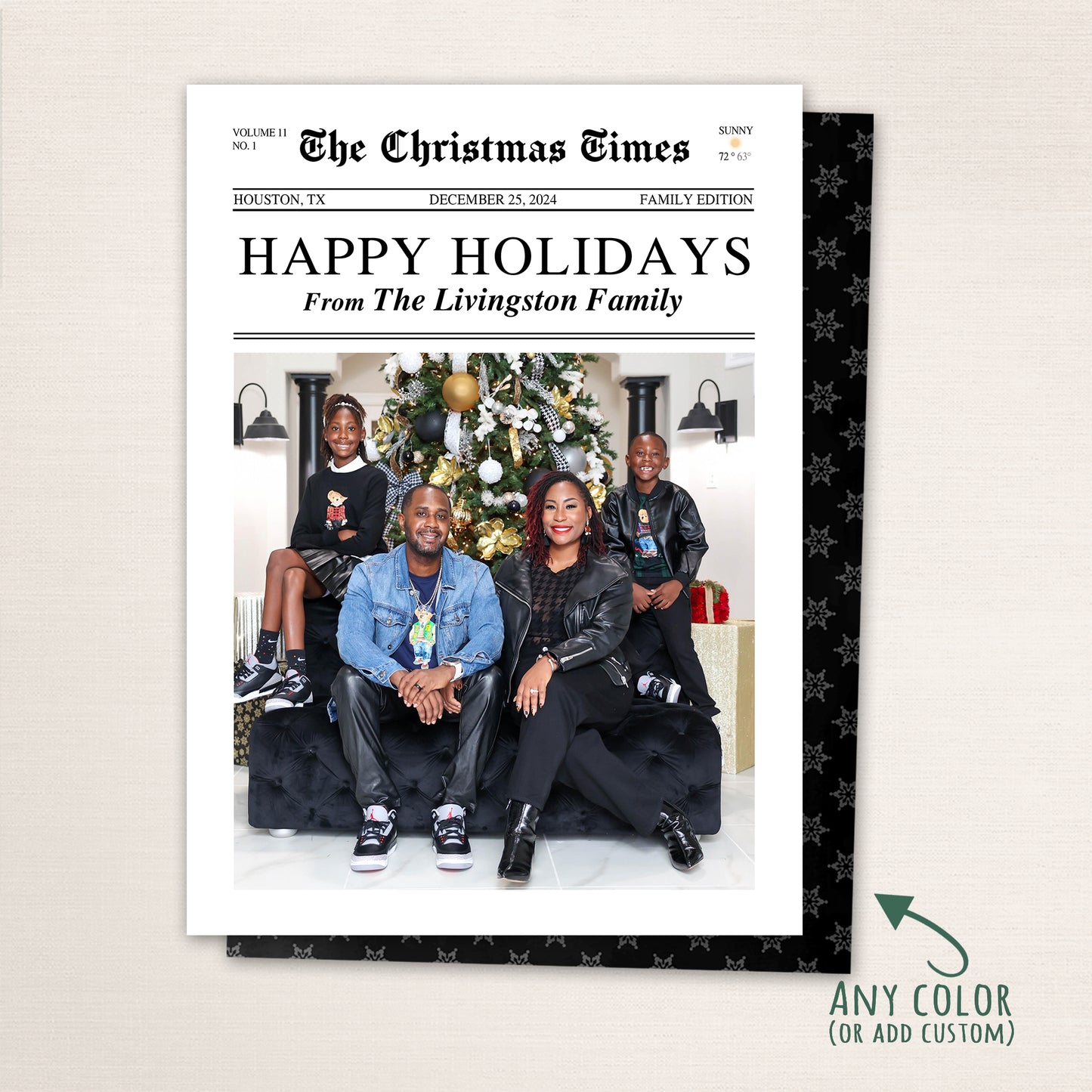 Newspaper-themed Christmas card titled “The Christmas Times” featuring a family portrait and festive holiday greeting.