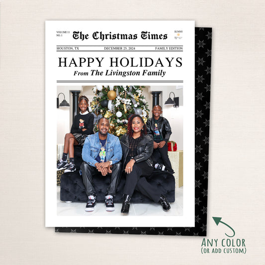 Newspaper-themed Christmas card titled “The Christmas Times” featuring a family portrait and festive holiday greeting.