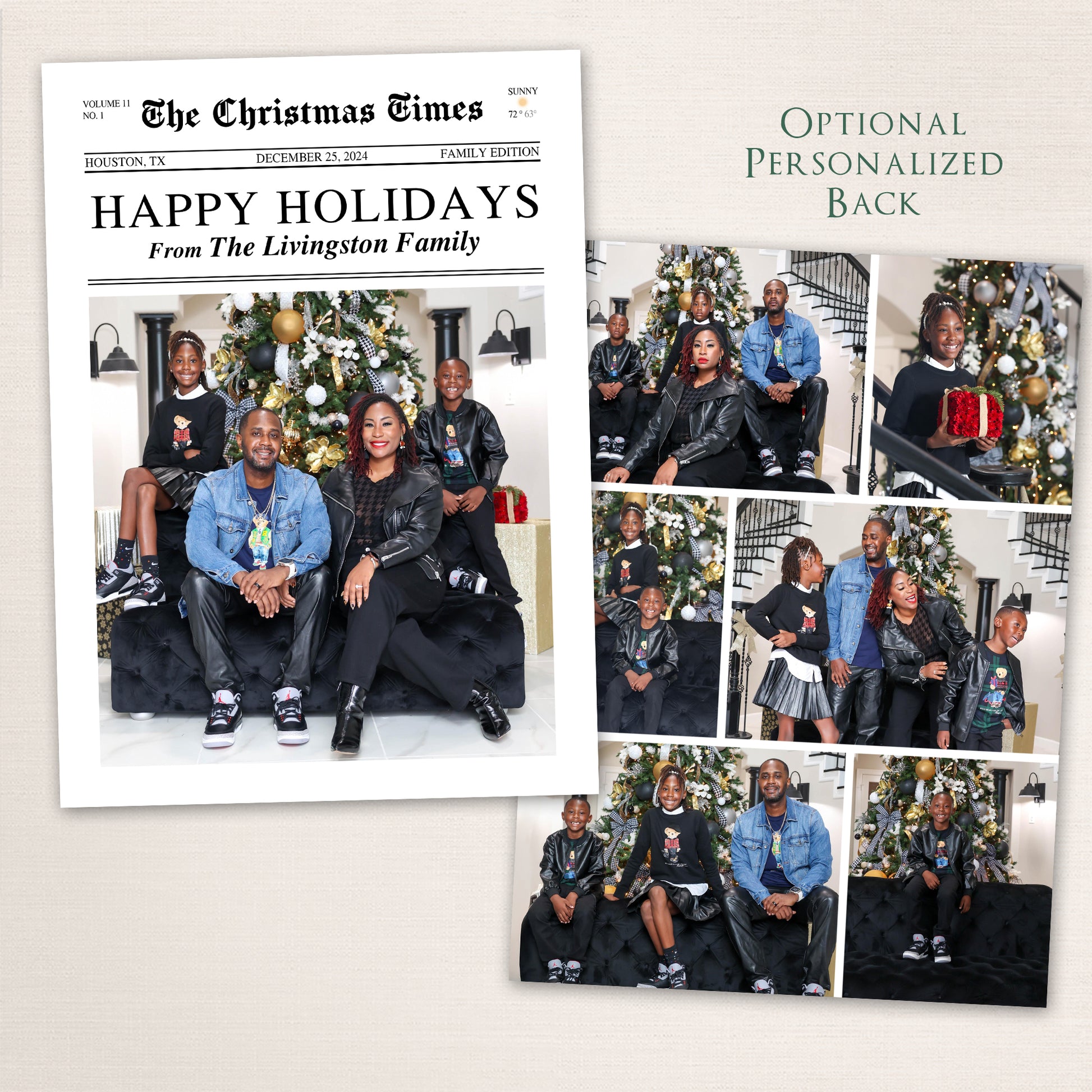 Modern black-and-white holiday card with front-page newspaper design and optional personalized back with family photos.