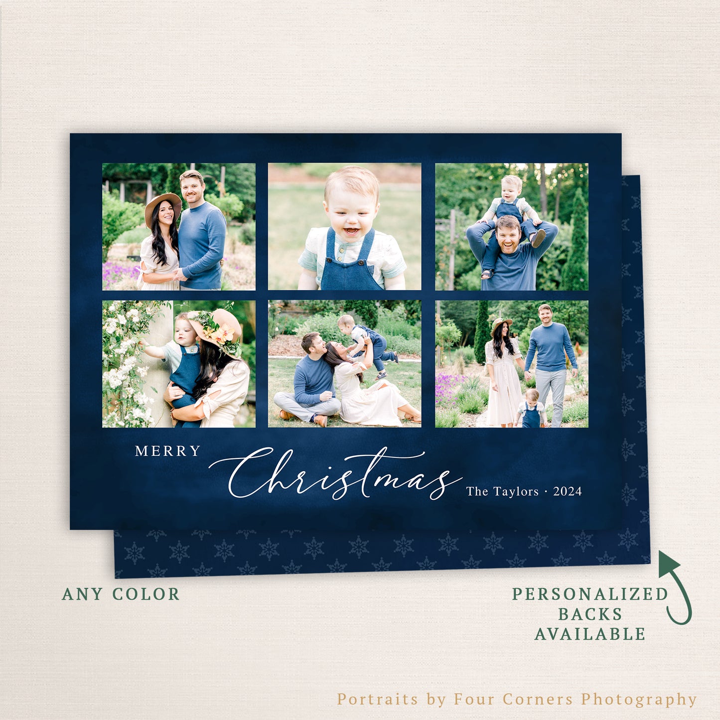 “Merry Christmas” navy blue holiday photo card from Halo Design Shop featuring a six-photo collage layout, elegant script typography, and personalized family name. Includes matching patterned back design with customizable color options and the choice of personalized backs for a cohesive, modern holiday look.