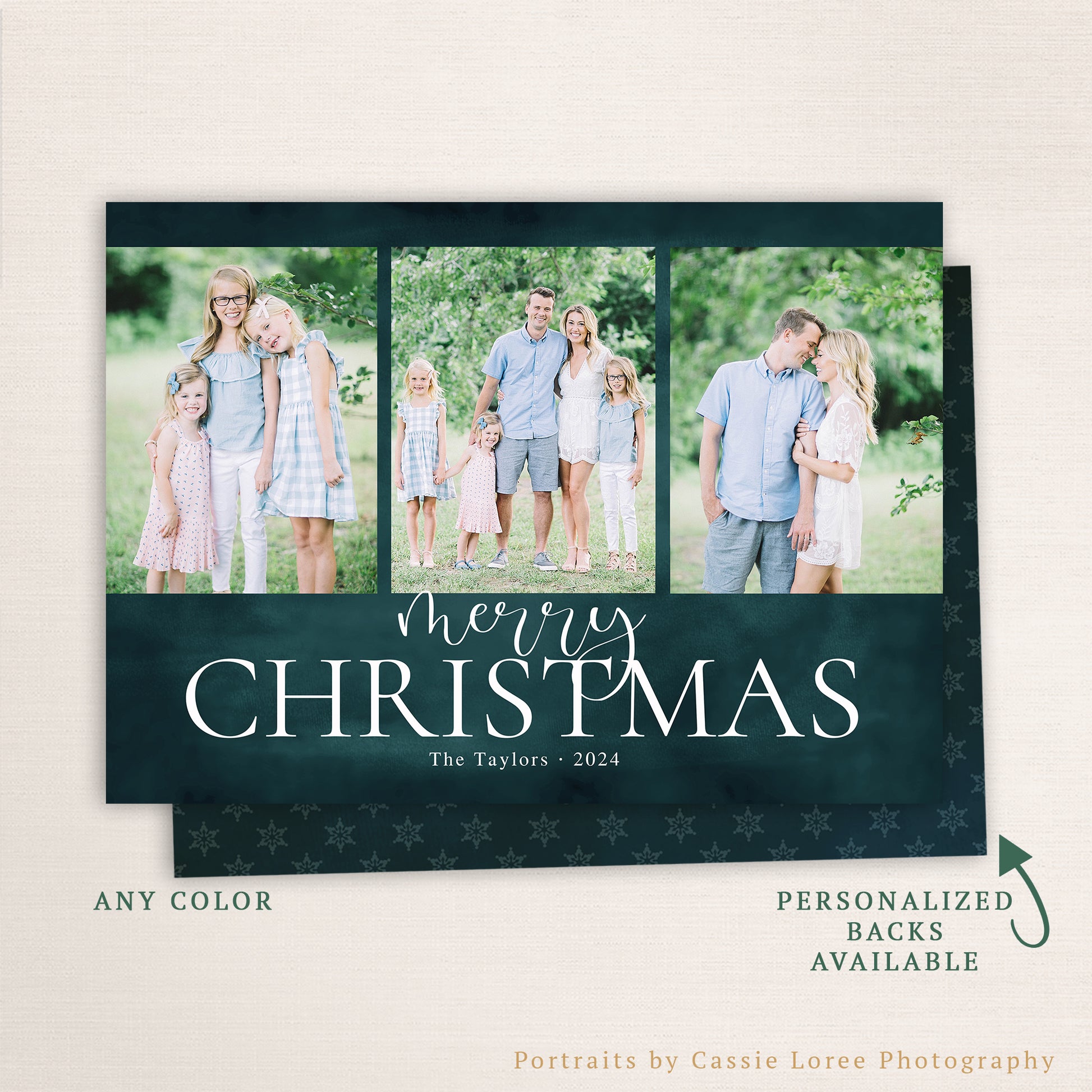 Personalized Merry Christmas card with three family photos, elegant script text, deep green background, and customizable color and back design options.