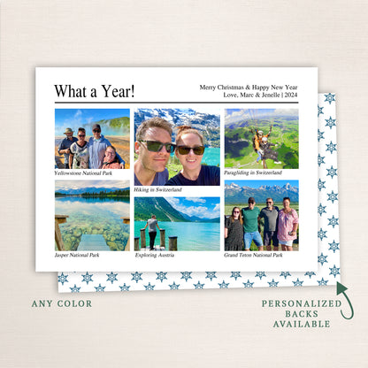 “What a Year!” personalized holiday photo card from Halo Design Shop featuring a clean white background, six-photo collage layout, custom family greeting, and snowflake-patterned back. Available in any color with optional personalized backs.